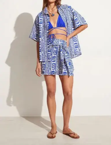 Faithfull the Brand Delora Shirt Size 6 and Costa Mesa Skirt Size 8 Set Island Print Pacific Blue