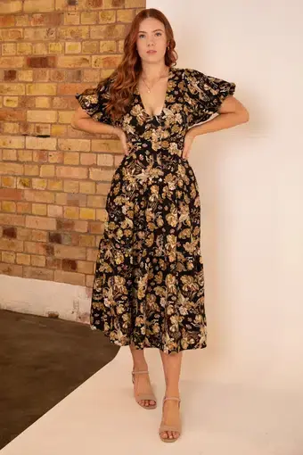 Shona Joy Palermo Plunged Midi Linen Dress Floral Size 10 / M