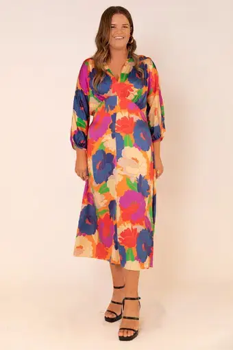 Veronika Maine Neon Peonies Midi Dress Floral Size 14