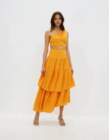 Aere Asymmetric Linen Top and Skirt Set in Mango Size 10