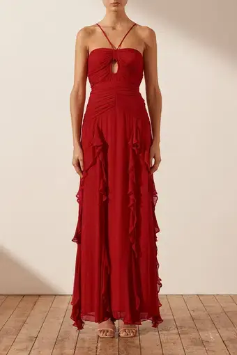 Shona Joy Leonie Keyhole Frill Maxi Dress in Red Size 8 