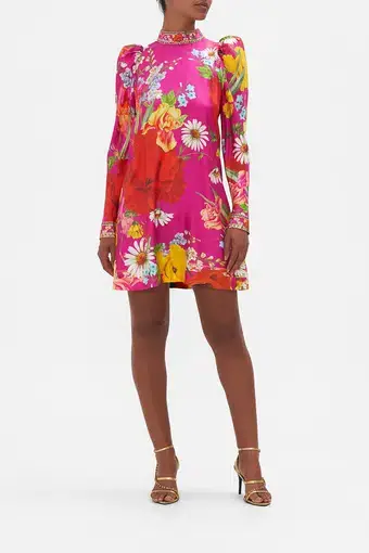 Camilla Puff Sleeve High Neck Mini Dress in Rainbow Body 
Floral Pink

Size M / Au 10
