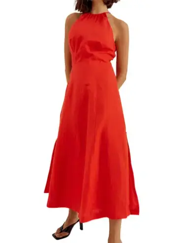 Sovere Relish Washed Linen Halter Midi Dress Solar Red Size 8