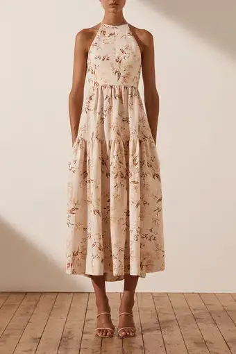 Shona Joy Roxanne Linen Open Back Tiered Midi Dress in Blush/Multi
Floral
Size 8 / S