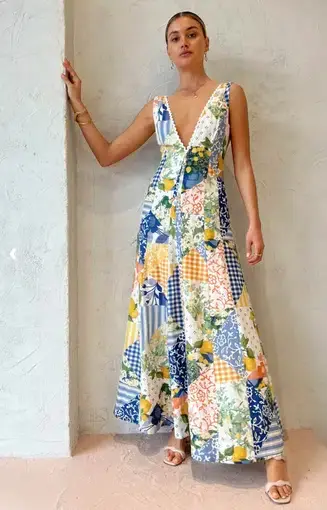 By Nicola Wavy Maxi Dress in Lemon Patchwork Size 8