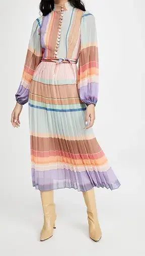 Zimmermann Rainbow Striped Crepe De Chine Midi Dress Multi Size 8