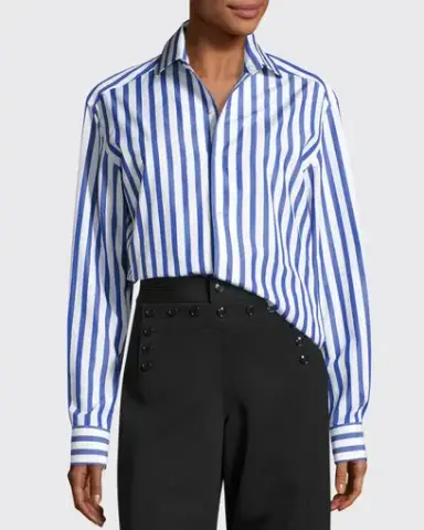 Ralph Lauren Capri Striped Cotton Blouse Charmain Silk Wide-Leg Pant Blue/Cream Size M / AU 10
