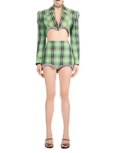 Area NYC Crystal Crystal Spike Cropped Blazer & Crystal Trim Mini Skirt Set Green Size 8
