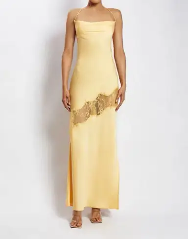 Meshki Chandra Lace Detail Satin Maxi Dress in Lemon Size 8 / S