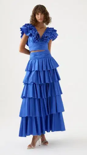 Aje Eleni Tiered Maxi Skirt & Rhythmic Frill Bodice Blue Size AU 8
