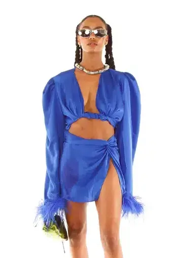 Khirzad Femme Tulum Feather Wrap Top & Roma Ruched Skirt Set Blue Size 6