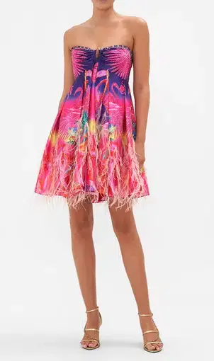 Camilla Strapless Short Feather Dress in Flight Of The Flamingo Pink Print
Size 8