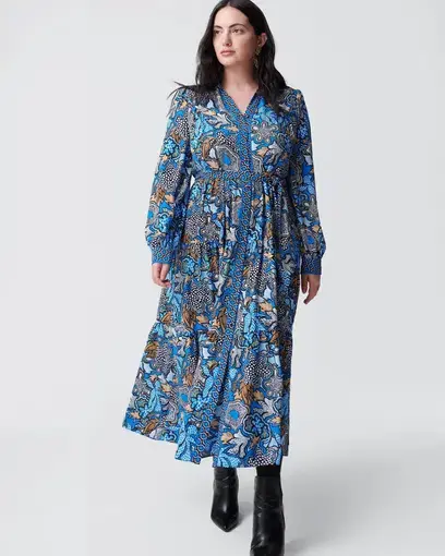 Diane Von Furstenberg Alea Midi Shirt Dress in Floral Patch Blue Dot Geo Size AU 14