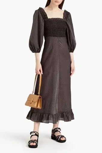Ganni Shirred Gingham Seersucker Midi Dress Black Size 36 / Au 10