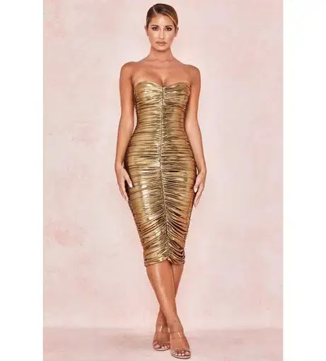 House of CB Gaia Strapless Ruched Midi Dress Gold Size S / Au 8