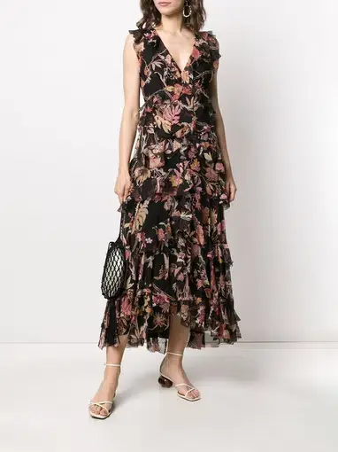 Zimmerman Wavelength Ruffled Floral-Print Silk-Georgette Midi Dress in Black Size 1/AU 10