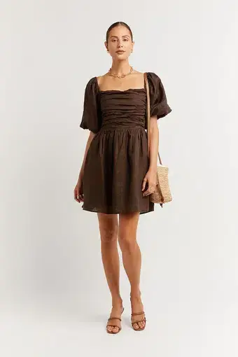 Dissh Sara Linen Mini Dress Dark Chocolate Size 16 