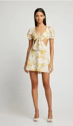 Sofia The Label Ami Tie Front Mini Dress Yellow Floral Size 8 
