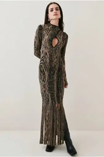 Karen Millen Slinky Knit Twist Neck Maxi Dress Gold Size XS / AU 6