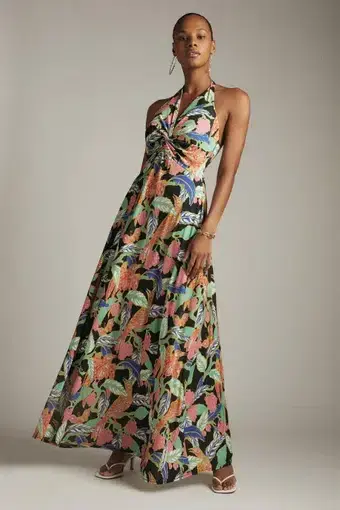 Karen Millen Bird Print Twist Waist Jersey Maxi Dress Multi XS / AU 6