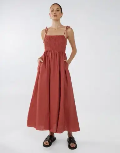 Aere Tie Strap Linen Maxi Dress Red Size AU 10