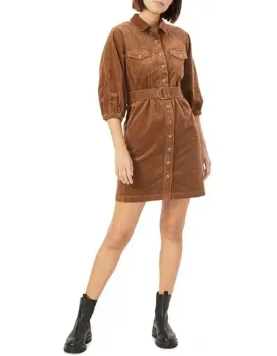French Connection Corduroy Puff Sleeve Mini Dress Brown Size 12