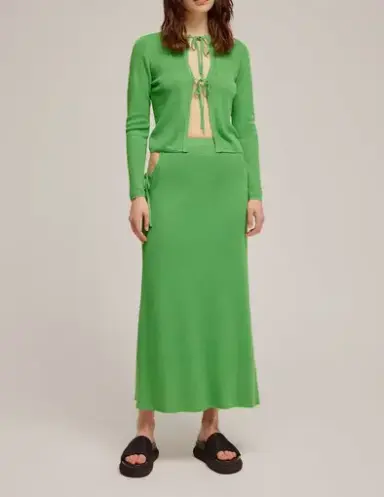 Venroy Tie Front Knitted Top and Tie Side Knitted Skirt Set in Vibrant Green
Size S / Au 8