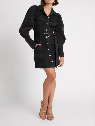 Aje Dione Denim Long Sleeve Mini Dress Black Size 12