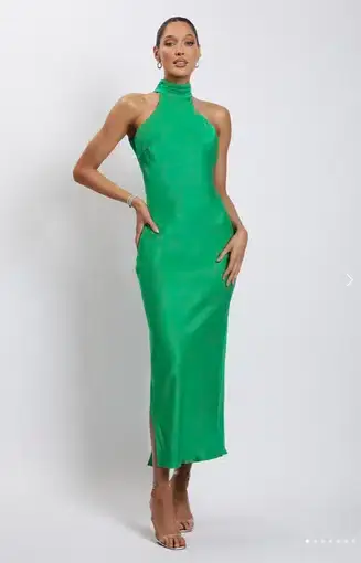 Meshki Claire Satin Drape Back Maxi Dress with Split Green Size 8