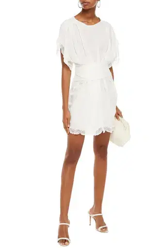 Iro Lace Trimmed Gathered Satin Jacquard Mini Dress in White Size XS / Au 6 