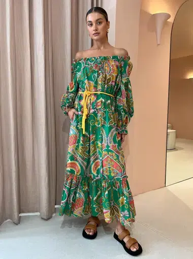 Alemais Marion Off the Shoulder Dress Green Print Size 8