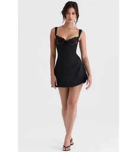 House of CB Adriana Satin and Lace Mini Dress Black Size M / Au 10