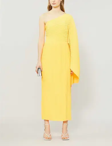 Solace London Plisse One Shoulder Midi Yellow Dress AU 6
