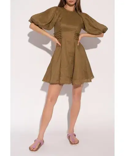Zimmermann Linen Mini Dress Khaki Size 0 / Au 8