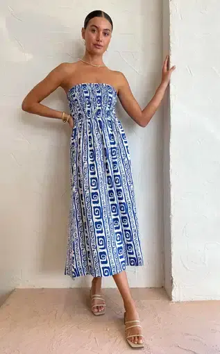 Faithfull The Brand Musee Midi Dress In Island Print Pacific Blue Size 6