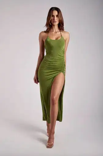Meshki Ruched Split Maxi Dress Green Size AU 8