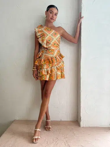 By Nicola Adrift Frill Mini Dress in Orange Mosaic Print Size 10
