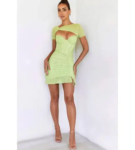 House of CB Mistress Rocks Superstar Mesh Short Sleeve Corset Mini Dress Lime Size 8