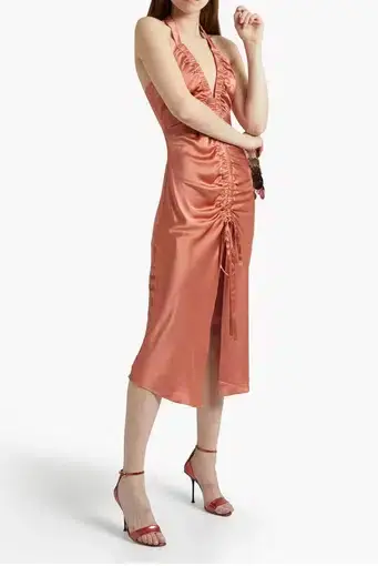 Nicholas Allia Ruched Silk Satin Halterneck Midi Dress Bellini Size 10