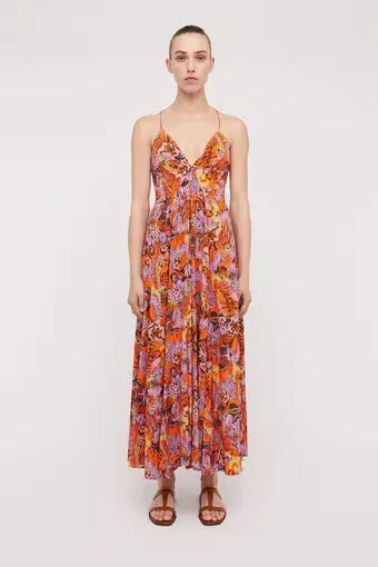 Scanlan Theodore Silk Ikat Floral Dress in Tangerine Multi
Size 8 / S