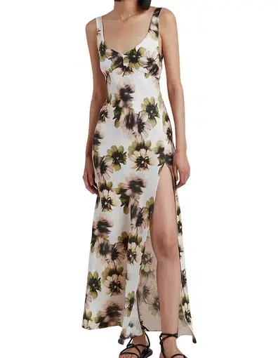Bec & Bridge Bloom Bias Cut With High Split Linen Maxi Dress in Ivory Print
Size 12 / L