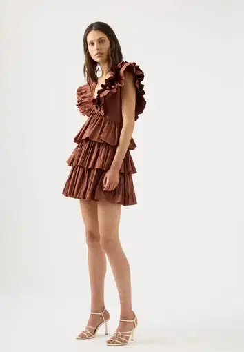 Aje Rhythmic Frilled Mini Dress Coffee Brown Size AU 10
