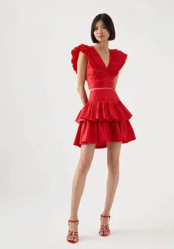 Aje Rhythmic Frill Bodice & Tiered Mini Skirt Set Scarlet Size 10