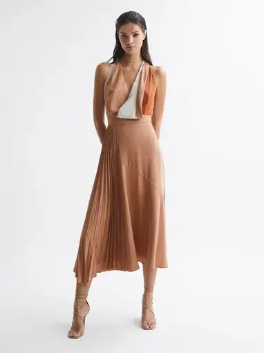 Reiss Anise Colourblock Midi Dress Multi Nude Size 8