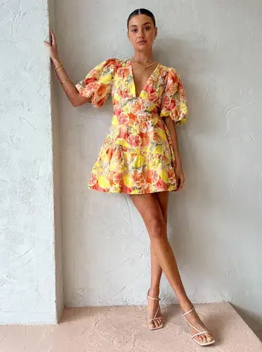 By Nicola Sol Puff Sleeve Mini Dress In Citrus Print Size 10