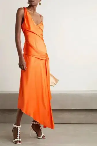 Jonathan Simkhai Asymmetric Draped Satin Midi Dress Orange Size 0