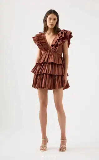 Aje Rhythmic Frilled Mini Dress Coffee Brown Size 10 / M