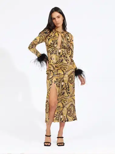 Alice McCall Feather Midi Dress Gold Dust Size AU 6