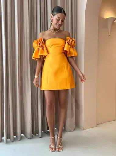 Alemais Macie Rosette Mini Dress in Saffron Orange Size AU 12