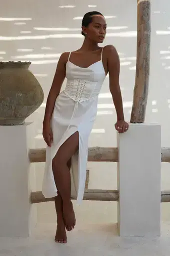 Meshki Lucy Cowl Midi Dress With Corset White Size AU 8